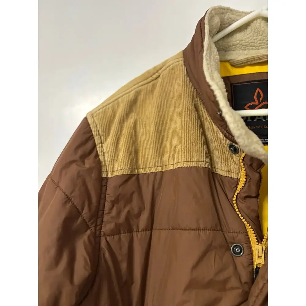 prAna Waylen Mens XL Puffer Jacket Quilted Corduroy Yoke Sherpa Collar Brown